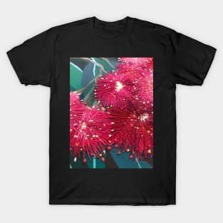 Deep Pink Gumflowers on Green Leaves Hand Painted by Leah Gay T-Shirt